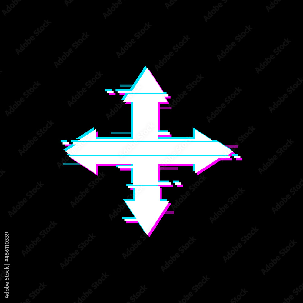 Poster Arrow button pointing up and down, right and left, navigation design pointer with glitch effect. Vector bug on ui game interface panel, signal loss glitched screen digital noise, left right pointer