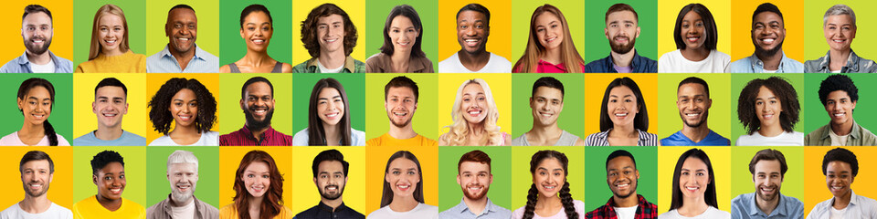 Fototapeta na wymiar Headshots of smiling diverse mature and young guys and ladies on green and yellow backgrounds, panorama