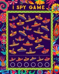 I spy game to count Mexican sombrero hats, math game worksheet, vector kids quiz. I spy puzzle or riddle for children to find and count Mexican sombrero, educational quiz game