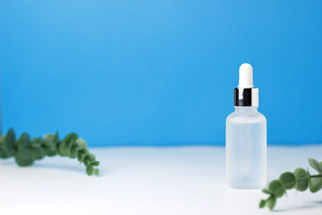 white glass frosted cosmetic jar for cream and with a dropper on a blue and white background. Eucalyptus branches. Place for notes and text. Personal care and cosmetology.