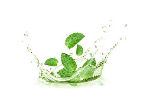 Crown herbal tea splash with mint leaves and water wave, menthol peppermint, matcha tea drink. Vector design of organic drink with green water corona, leaves and splatters. 3d ads of natural beverage