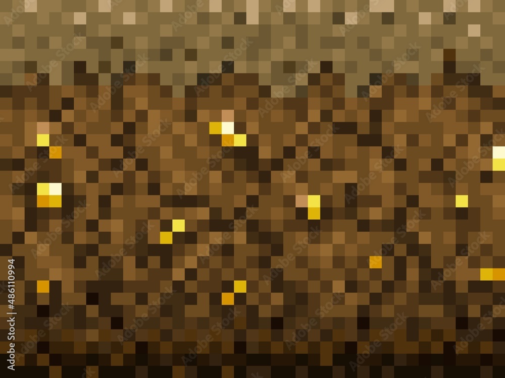 Poster golden ore, brown ground blocks pattern cubic pixel game background. vintage video arcade level pixe
