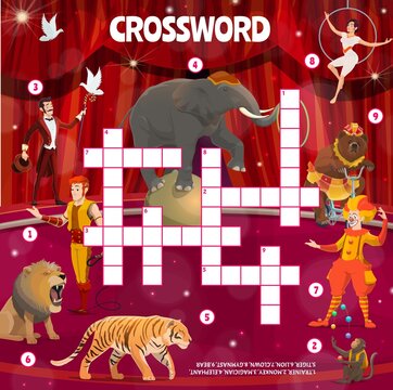 Circus find word crossword quiz game with cartoon performers and animals on circus stage. Child find word crossword playing activity, riddle vector worksheet with clown, tamer and magician, acrobat