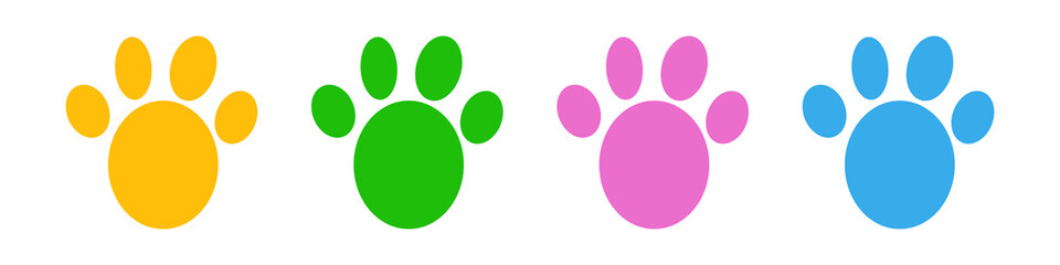 A set of colorful paw icons. Dog and cat footprints set. Vectors.