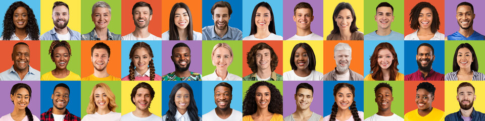 Fototapeta na wymiar Friendly smiling multiracial people looking at webcam on colored backgrounds, panorama