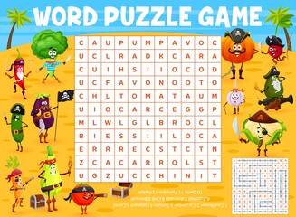 Cartoon vegetable pirates and corsairs on island, word search puzzle game worksheet. Vector radish, cucumber, squash or pumpkin, carrot. Garlic, tomato, cauliflower and chili pepper, broccoli, avocado