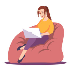 Remote job semi flat RGB color vector illustration. Young woman comfortably working on laptop isolated cartoon character on white background