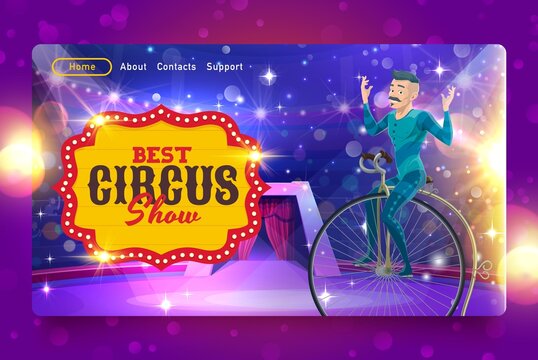 Shapito circus landing page, cartoon bicycle acrobat on circus stage. Vector website template with gymnast man cycling on big top tent arena at carnival show, performance, invitation web banner
