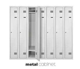 Metal cabinets, steel lockers. Gym, pool, factory or school changing room. Vector grey storage furniture row with closed and open doors in college, university, office isolated realistic 3d objects