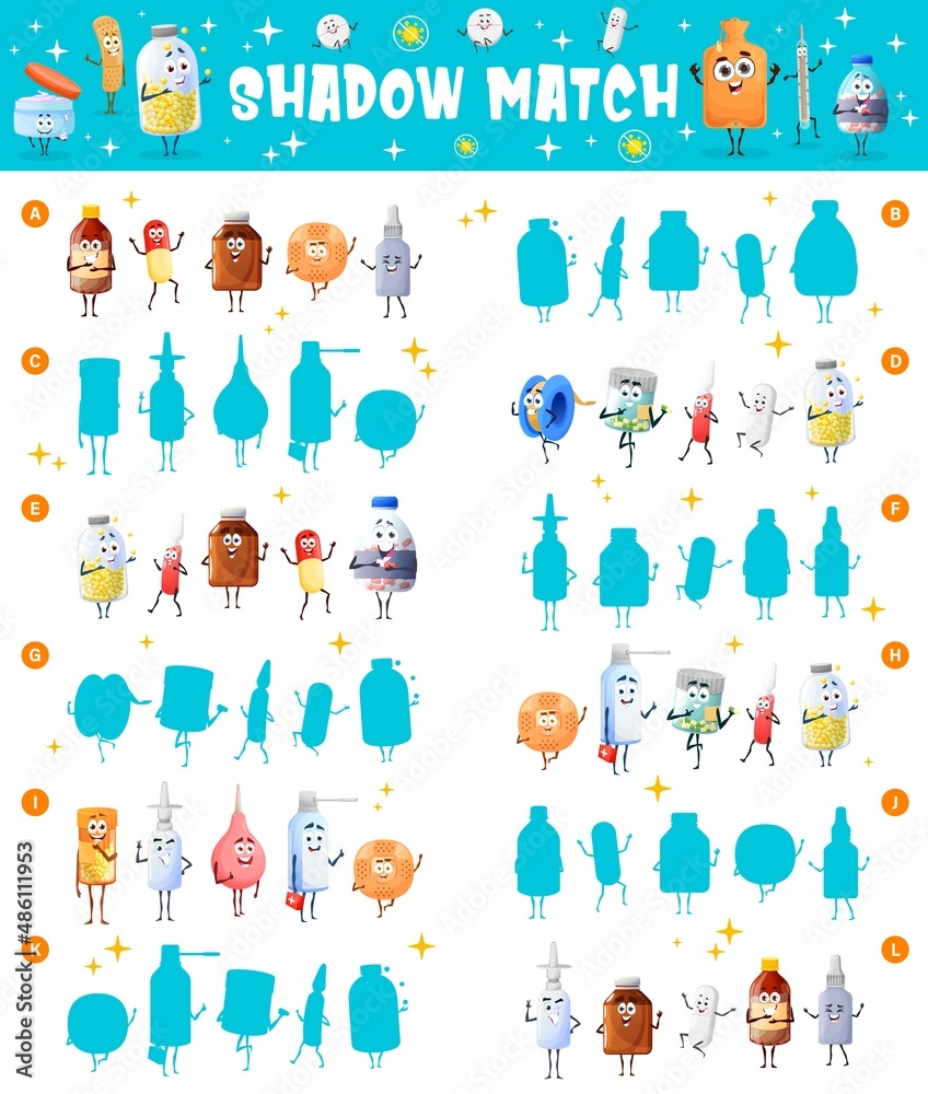 Poster kids shadow match game worksheet with cartoon drugs, vector pill and medication characters. find and