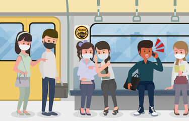 Man talking on mobile phone loudly and not wear a mask in public in covid-19 situation. Near a sign asking for cooperation to wear mask. Vector illustration Eps10.