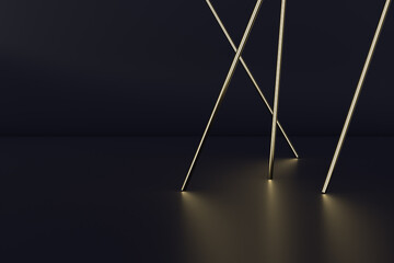 Minimalistic abstraction of golden line tubes on a dark background with reflection.
