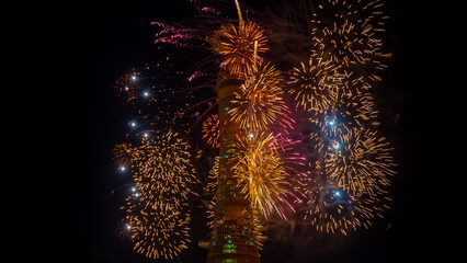 Obraz na płótnie Canvas Fireworks show at Aspire Park during the national day celebration.