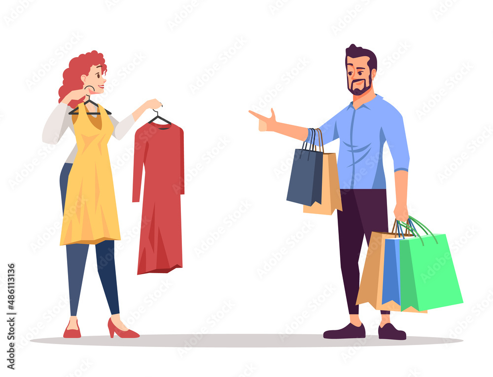 Sticker Boutique visit semi flat RGB color vector illustration. Husband helps wife with choosing dress isolated cartoon characters on white background