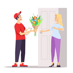 Valentine day gift delivery semi flat RGB color vector illustration. Courier delivering flower bouquet isolated cartoon characters on white background