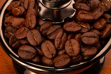roasted coffee beans in manual coffee grinder