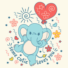 Obraz na płótnie Canvas Vector illustration of baby elephant with balloons. Adorable doodle illustration with slogan for print or kids fabric design