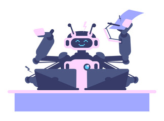 Multitasking artificial intelligence in workplace semi flat RGB color vector illustration. Machine with multi hands isolated cartoon character on white background