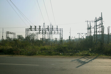 distribution electric substation with power lines and transformers