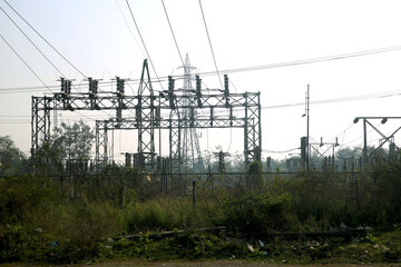 distribution electric substation with power lines and transformers