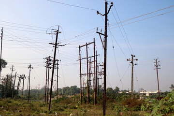 distribution electric substation with power lines and transformers