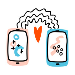 Valentines Day doodle abstract icon Virtual Love. Internet Love, talk, chat, decoration, heart and vibes. Hand drawn, line art, flat vector Illustration for web, banner, card, sticker.