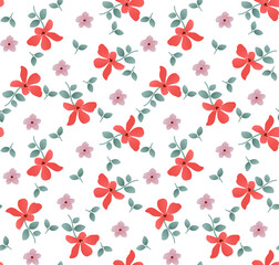 Watercolor floral blossom. Beautiful hand drawn red and pink flowers, seamless pattern background.
