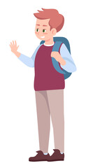 Greeting friends on first school day semi flat RGB color vector illustration. Schoolboy with backpack isolated cartoon character on white background