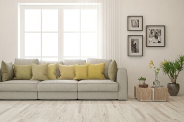 White living room with sofa. Scandinavian interior design. 3D illustration