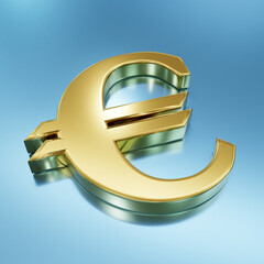 Golden euro symbol on blue reflective background, high angle view, 3D render