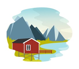 Village in the mountains landscape of the northern mountain valley with red houses. Rest in a mountain village on the shore of a lake and a river. Vector illustration in a flat style.