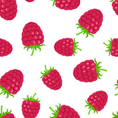 Raspberry background. Vector seamless pattern with red ripe berries. Flat food illustration.