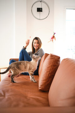 Woman with wand playing with cat on couch