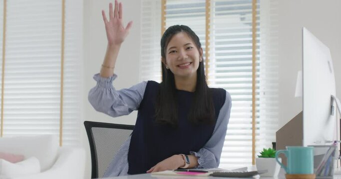 Young SME owner happy girl asia people relax smile look at camera enjoy female history month pride success job career workforce agreed hand sign join unity work at home office indoor workspace.  