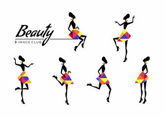 Set of colorful girl silhouettes in different poses. Set of Women stencils with crystals on white background. Vector illustration for logo, woman's day, kids fashion, decor.