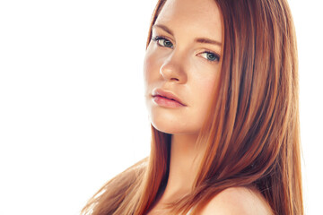 Fototapeta premium young sweet ginger woman close up isolated on white background, perfect pure innocense beautiful