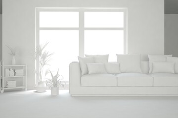 White minimalist living room with sofa. Scandinavian interior design. 3D illustration