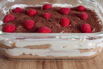 homemade tiramisu with raspberries 