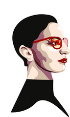 Fashion, abstract portret of young woman in glasses, with red lips. Vector illustration isolated on bright background. Concept for logo, print, cards, magazine