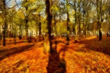 Obraz premium landscape view oil painting with real texture brush strokes effect. Contemporary impressionism mixed style wall art print. Travel nature scene. Vacation postcards wall art print design beauty artwork.