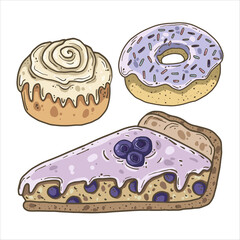 Cinnamon bun and blueberry cake and glazed donut pastry set