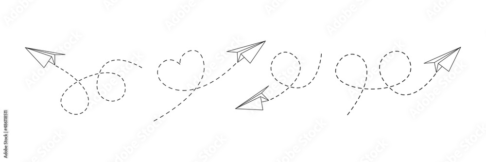 Poster paper airplanes with line dotted route set. sending message linear fold planes collection. vector is