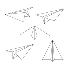 Paper line airplanes set. Sending message linear symbol collection. Vector isolated on white.
