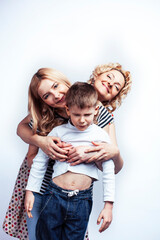 happy smiling family together posing cheerful on white background, lifestyle people concept, mother with son and teenage daughter isolated