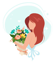 Pretty woman holding a bouquet of flowers in her hands. Spring holiday vector illustration. Hand-drawn graceful romantic girl with red hair