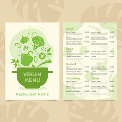 Vegan food menu for restaurant and cafe. Design template with hand drawn graphic elements in flat style. Vector illustration.