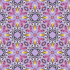 Bright seamless pattern of colored curly floral elements. Abstract flowers and twigs from swirls and wavy lines.
