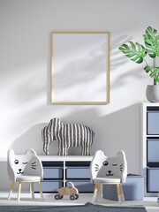 Kids roon with poster frame mockup on white wall 3d rendering