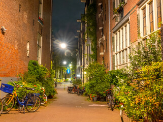 Night Narrow Street of Amsterdam and Many Bicycles