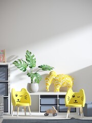 white clean wall mockup in kids interior with yellow cute elephant pillow 3d rendering